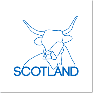 Scottish Highland Cow Continuous Line Drawing (Blue) Posters and Art